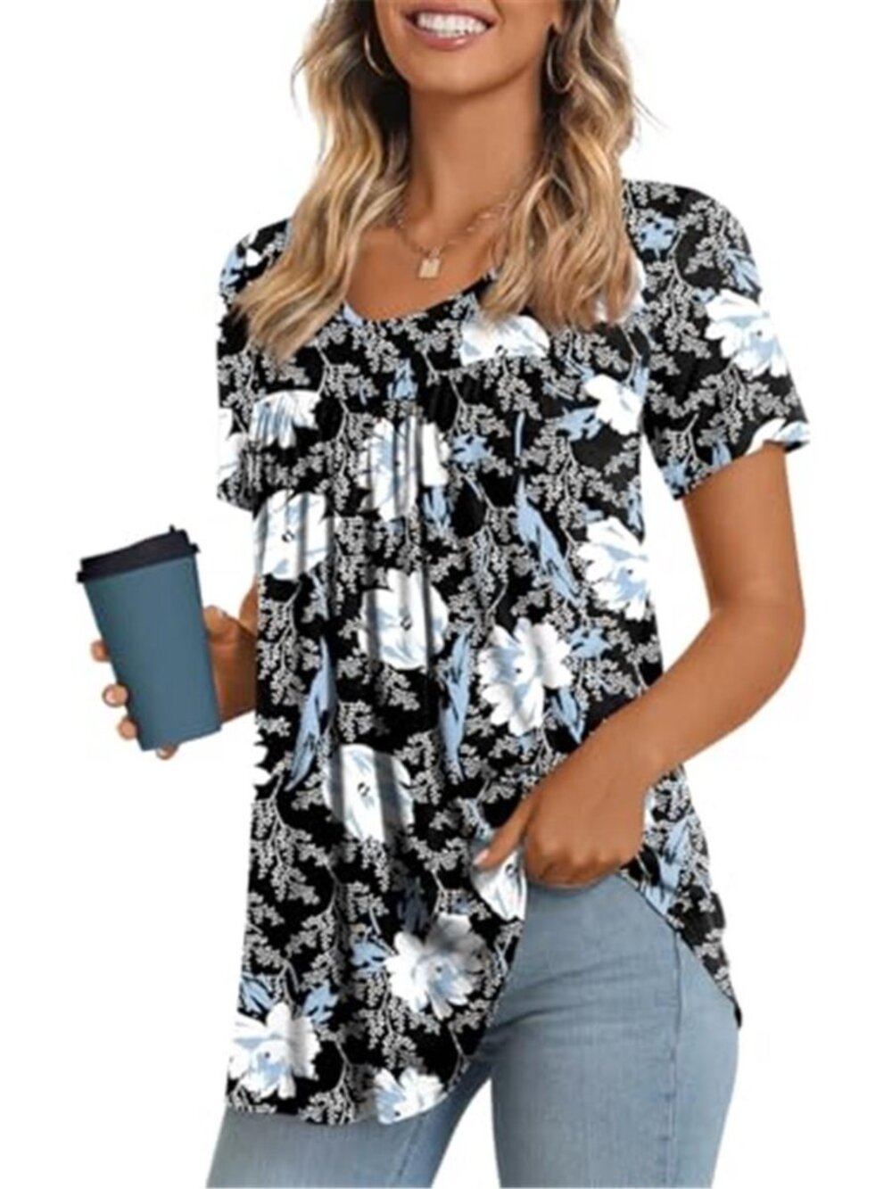 Womens Pleated Tunic Top Short Sleeve Round Neck Flowy Stretch Casual Blouse Tee